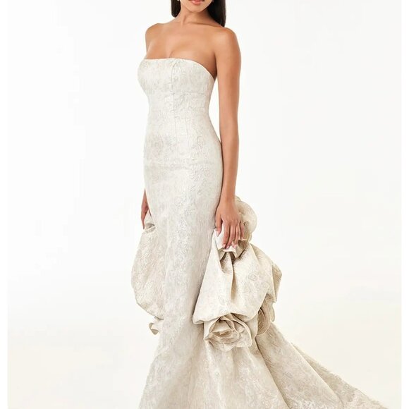 AZAZIE Atelier Donatella Champagne Brocade Black Tie Wedding Dress Gown Size 14 - Picture 3 of 7